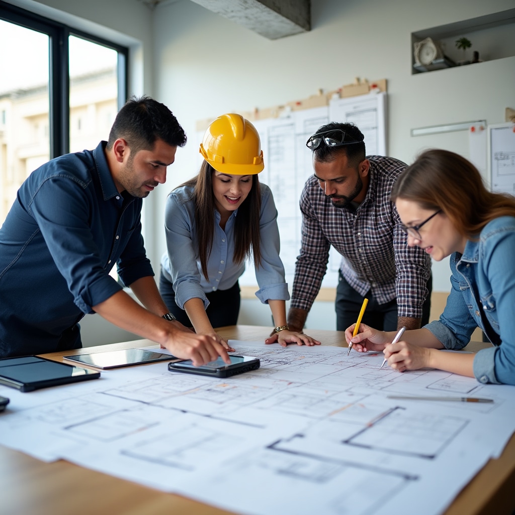 Construction team collaborating on project plans with blueprints and digital tablets